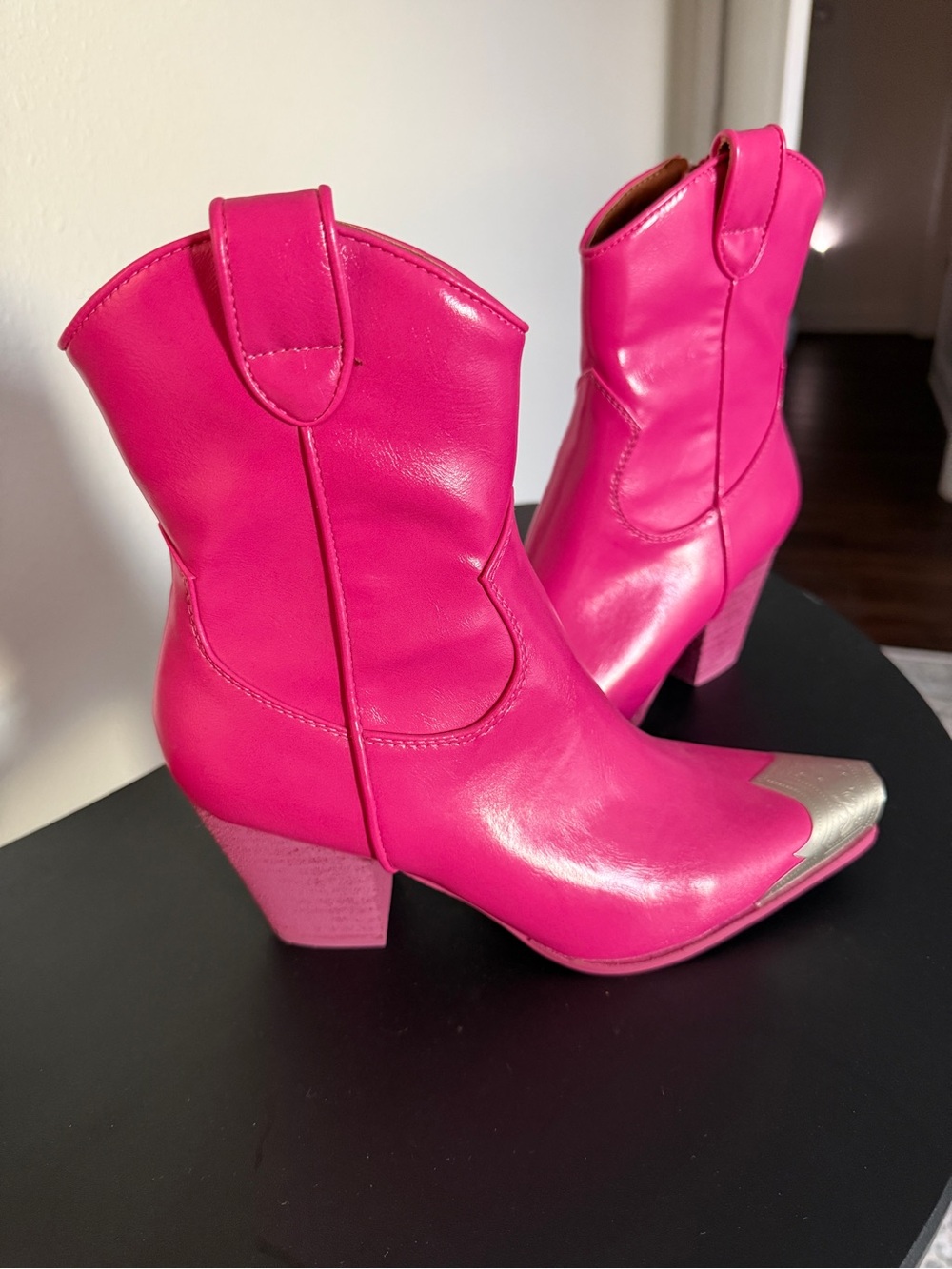 Hot Pink Western Ankle Boots with Silver Toe